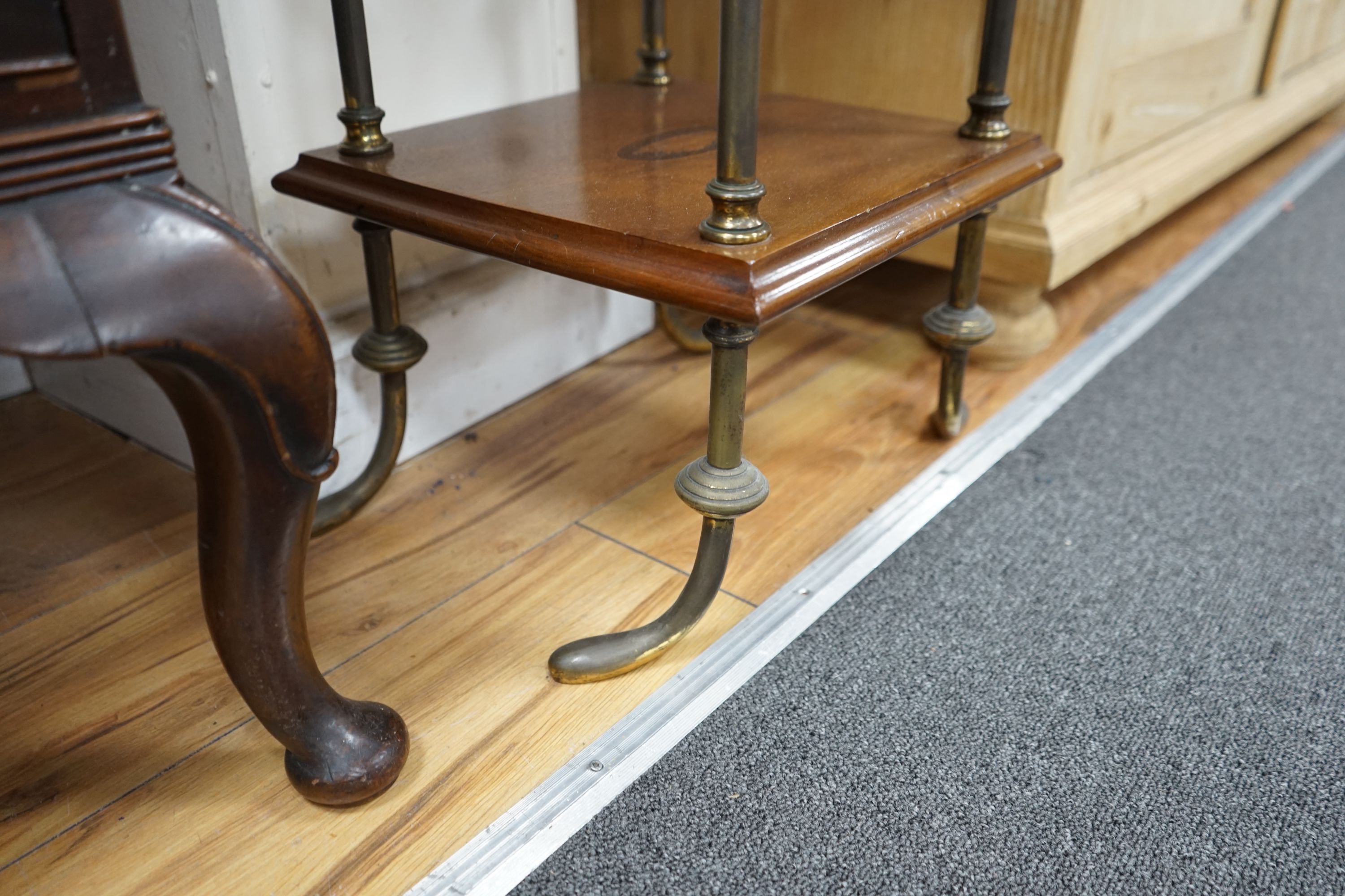 An Edwardian style brass mounted inlaid mahogany three tier whatnot, width 32cm, depth 31cm, height 89cm